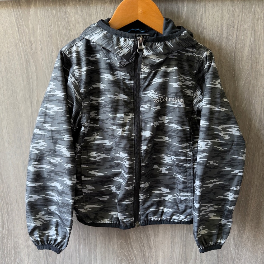 Columbia Windbreaker Jacket Boy XXS 4/5 Black Gray Camo Hooded Full Zip OmniWick